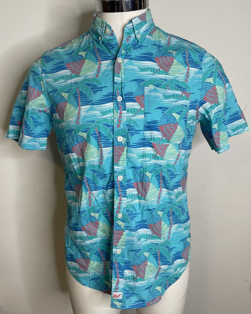 Vineyard Vines Blue SS Shirt Mens M Slim Fit Murray Shirt Beach Umbrella Palm Tr
